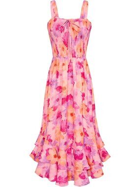 Women's Pink Yellow Square Neck Strapped A LINE Floral Boho Long Maxi Dress